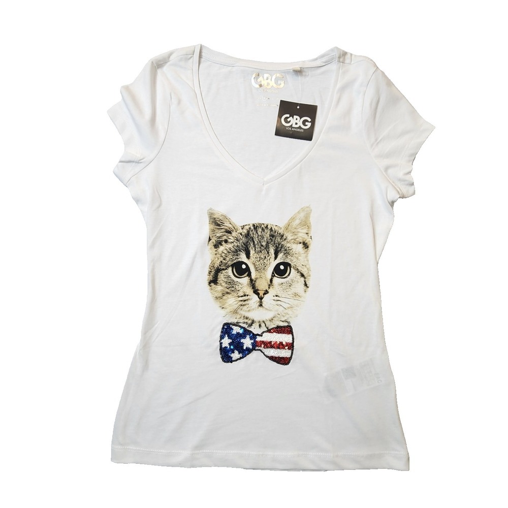 G by Guess Los Angeles Women's T-Shirt Lexi Cat Tee Short Sleeve, White, Size S